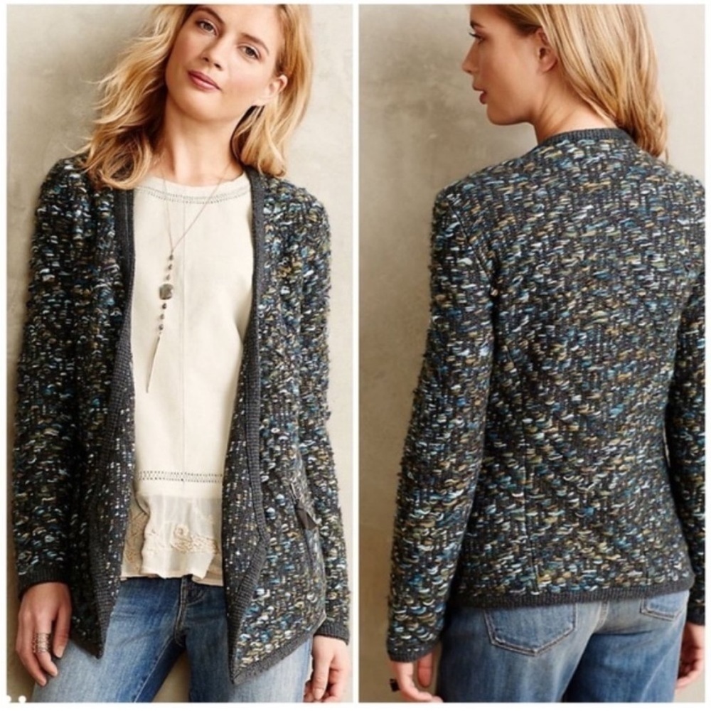 Moth Boucle Keavy Jacquard Cardigan 3D Knit Open Front Gray Green Sz M